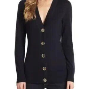 TORY BURCH Simone Black Button-Up Merino Wool Sweater
